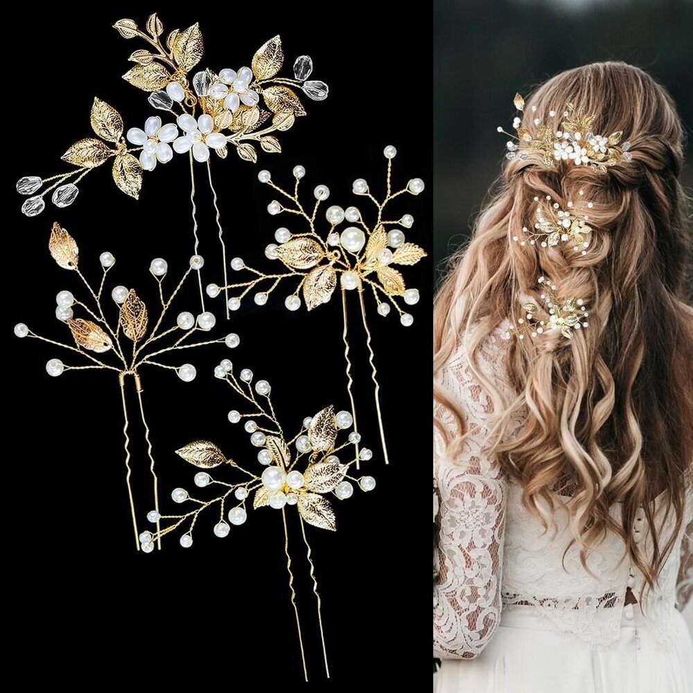 4 PCS Bridal Hair Pins Gold Leaf Crystal Floral Pearl Headpiece Vintage Flower W